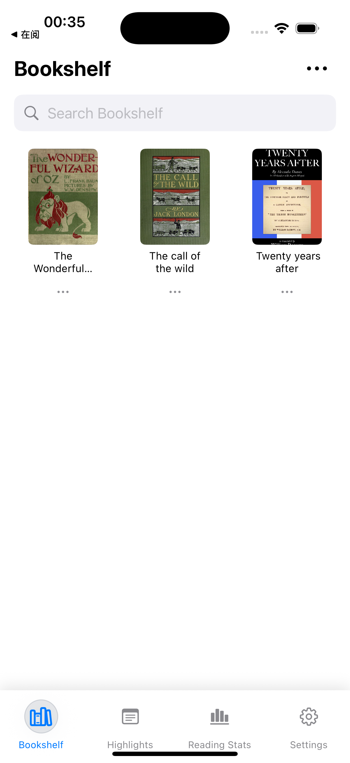 ReadingUp bookshelf home screen