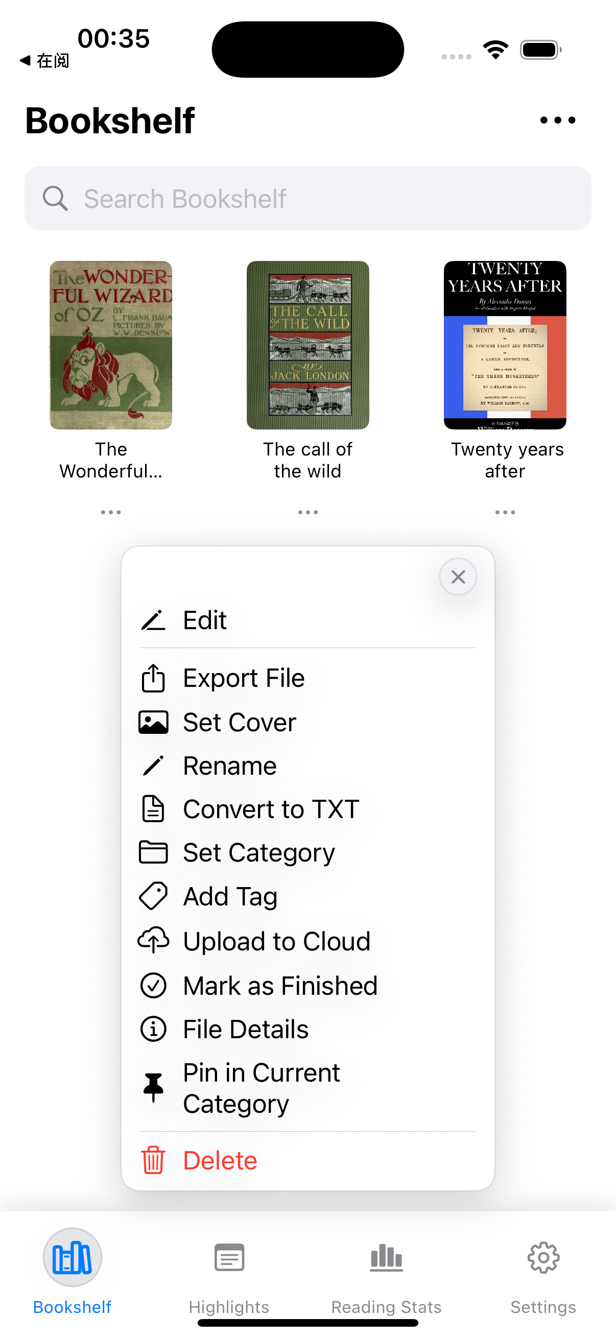 ReadingUp book action menu