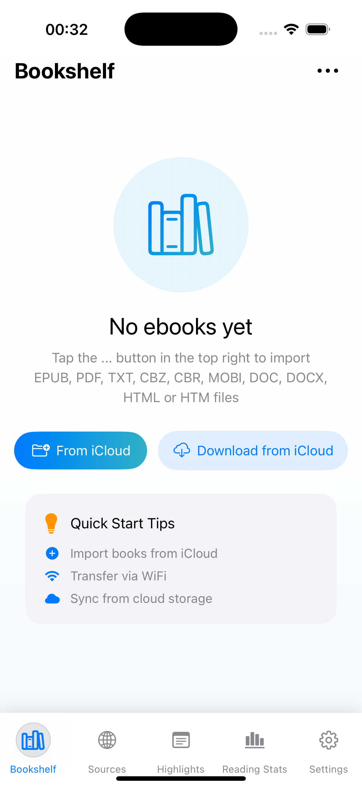 ReadingUp empty bookshelf import screen